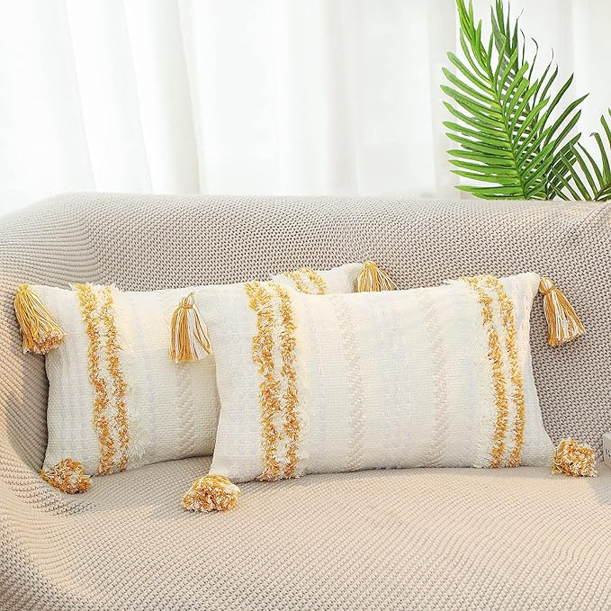 DR.NATURE Set of 2 Boho Decorative Lumbar Throw Pillow Covers for Couch Sofa, Neutral Accent Thic... | Amazon (US)