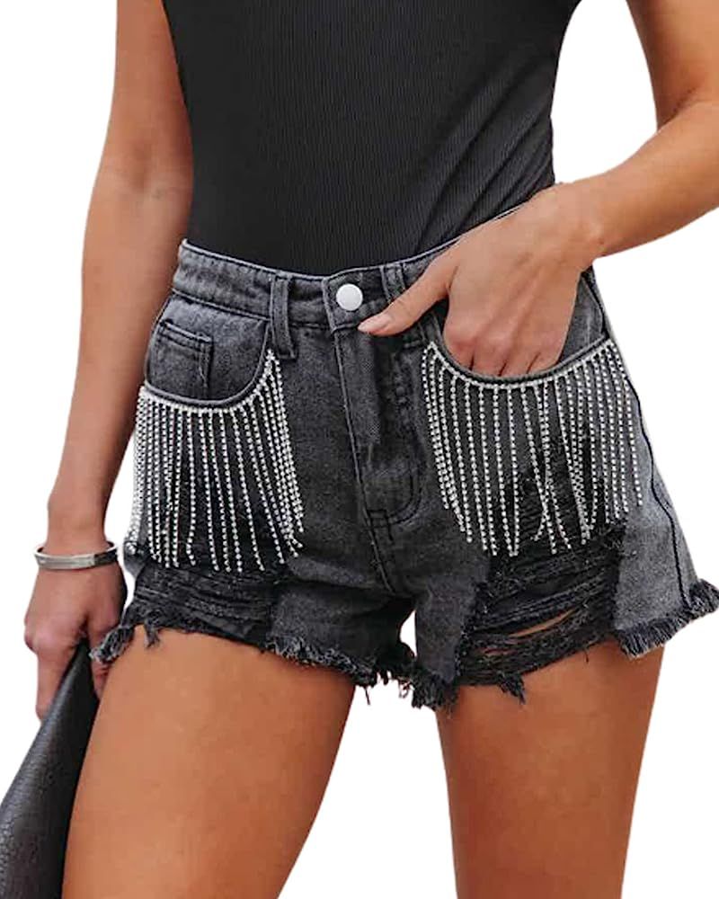 Women's Diamond Tassels Denim Shorts Summer High Waist Stretchy Jeans Shorts with Rhinestone Tassels | Amazon (US)