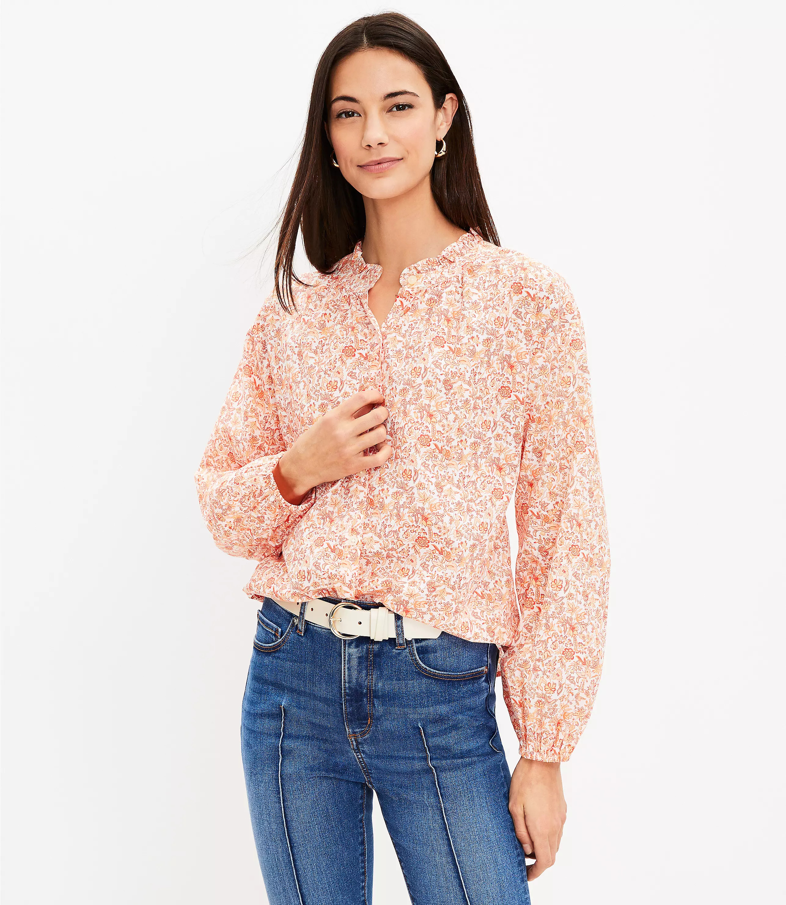 Petite Jungle Ruffle Neck Poet Blouse | LOFT
