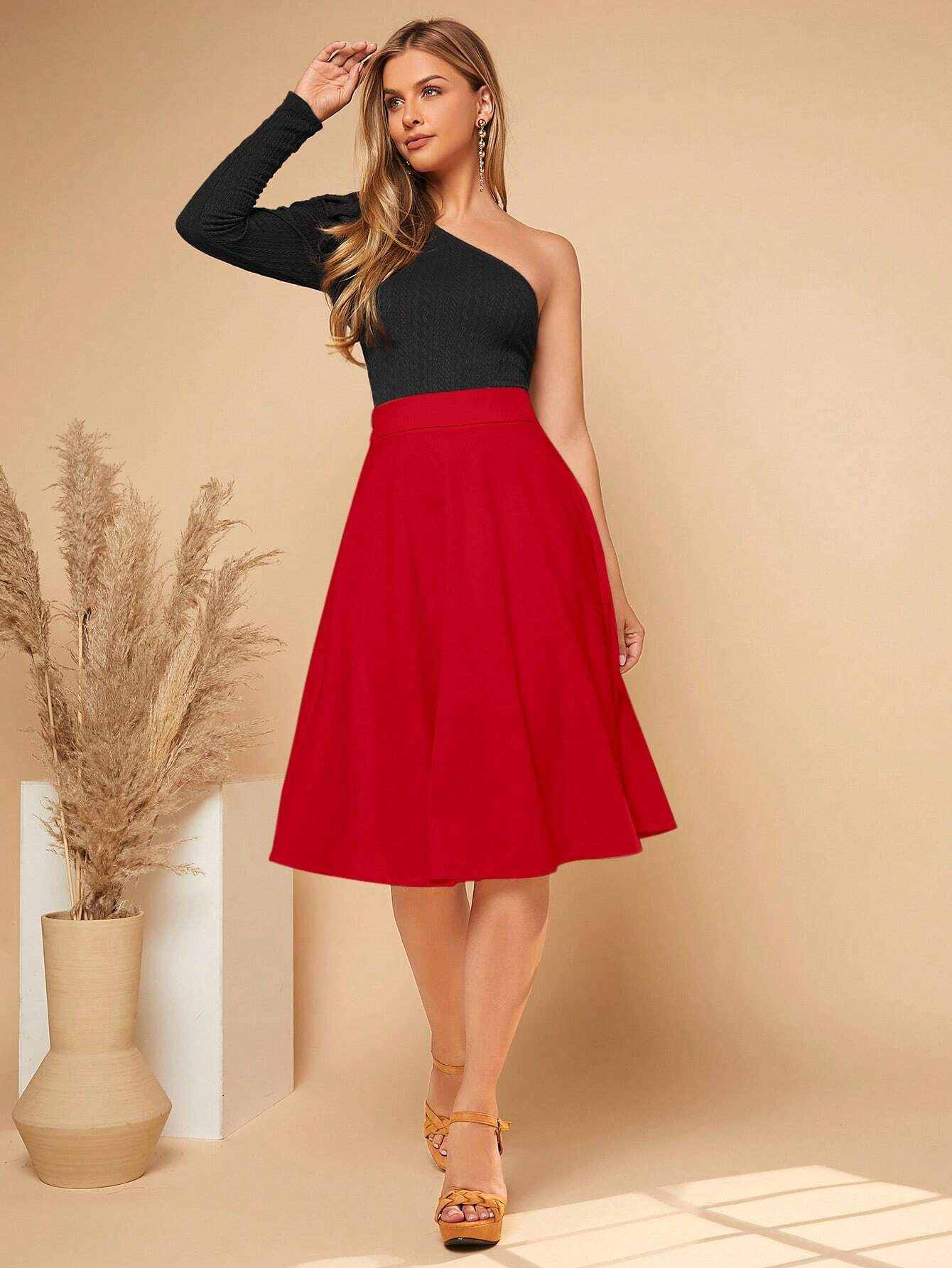SHEIN Privé Solid High Waist Flare Skirt | SHEIN