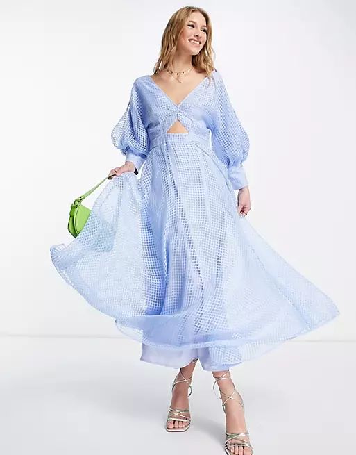 ASOS EDITION blouson sleeve midi dress in organza check in pale blue | ASOS (Global)