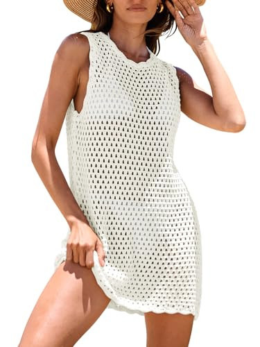 ANRABESS Womens Swimsuit Cover Up Sleeveless Knit 2026 Summer Outfits Swimwear Bathing Suit Coverup Crochet Beach Dress White Large | Amazon (US)