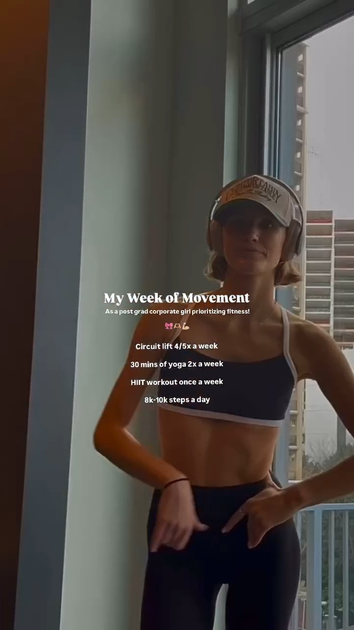 My week 🎀🫶🏼💪🏼 

Staying active while I navigate post grad life! 

😙 Here are my top 4 tips! 

😊 Get those steps in! Whether it’s a quick jog after a lift, a stroll around the block at lunch, parking a bit farther from the store, or opting to walk instead of drive—just move your body! 

💪🏼 Don’t fear the weights! Psst… lifting helps your body burn calories even after you’re done. Isn’t that amazing? I could go on and on about lifting—just start, you got this!

❤️‍🔥 Avoid overdoing cardio! This is huge. Pushing yourself too hard with cardio activities you don’t actually enjoy can backfire by triggering stress hormones. We’ve got enough of those already! 

(Also! HIIT = high-intensity interval training!)

🎀 Show up for yourself, girl! You get out what you put in. Do good things for yourself—you deserve to feel great! Plus, it’ll boost your mood and make your sleep extra sweet. 

Living lively & prioritizing moment 

>>> 

⚡️ more energy, better results, and a happier YOU! 

Fit details 💌 LTK in bio!
Hat code 💌 @vital_apparel in bio!

What are you most interested in hearing more abt?! 🤌🤌😙😙

#LTKActive #LTKFitness #LTKFindsUnder50