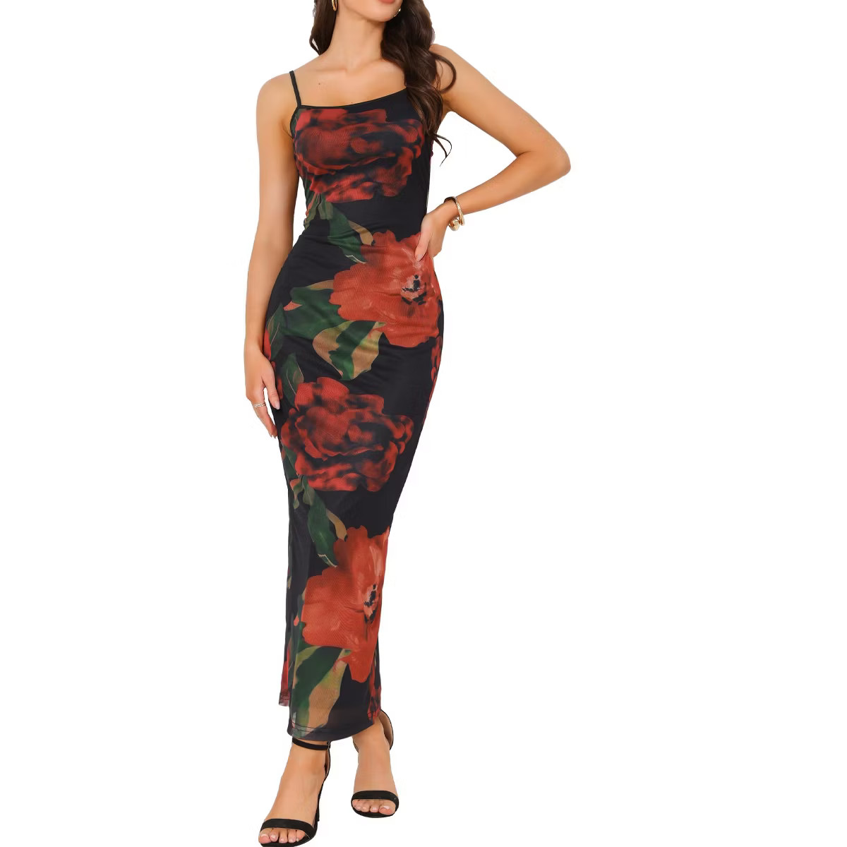 INSPIRE CHIC Women's Floral Mesh Sleeveless Square Neck Spaghetti Strap Cami Bodycon Maxi Dresses | Target