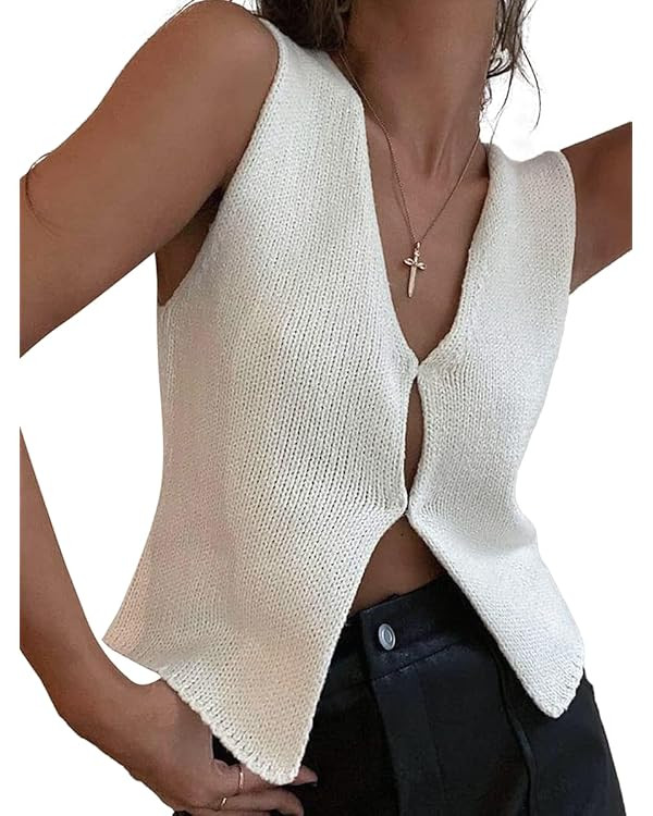 Women Y2k Crochet Vest Top Vintage Solid Color V Neck Sleeveless Button Down Crop Tops Streetwear | Amazon (US)