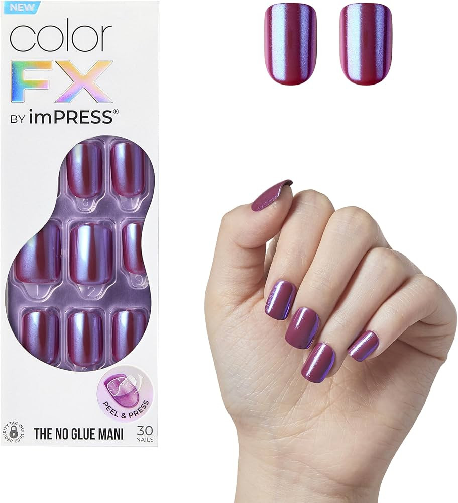 KISS imPRESS No Glue Mani Press On Nails, Color FX, 'Infinity', Dark Purple, Short Size, Squoval ... | Amazon (US)