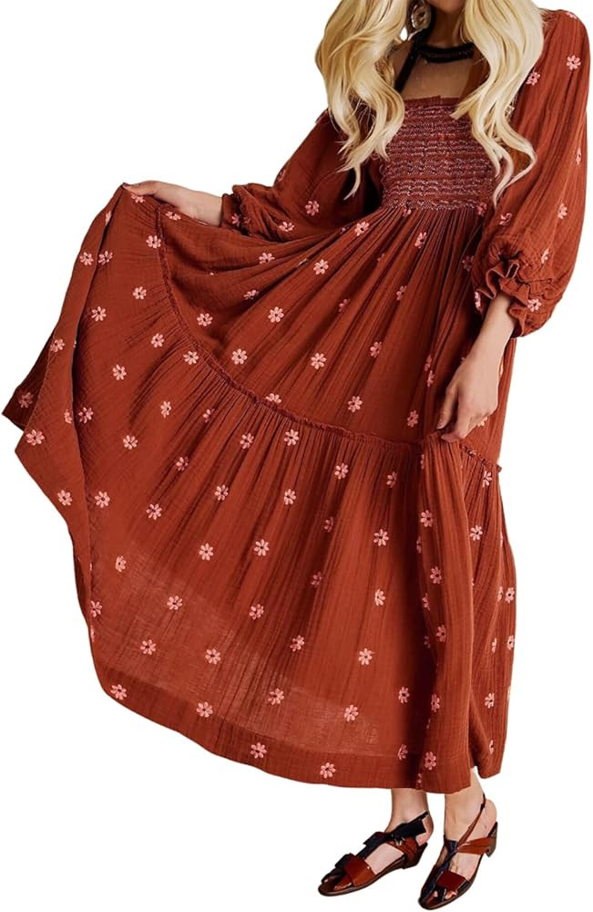 AnotherChill Women's Casual Embroidered Maxi Dress Floral Flowy Square Neck Dresses with Puff Sle... | Amazon (US)