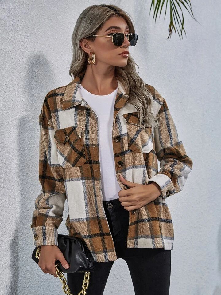 SHEIN LUNE Button Front Patch Pocket Plaid Overcoat | SHEIN