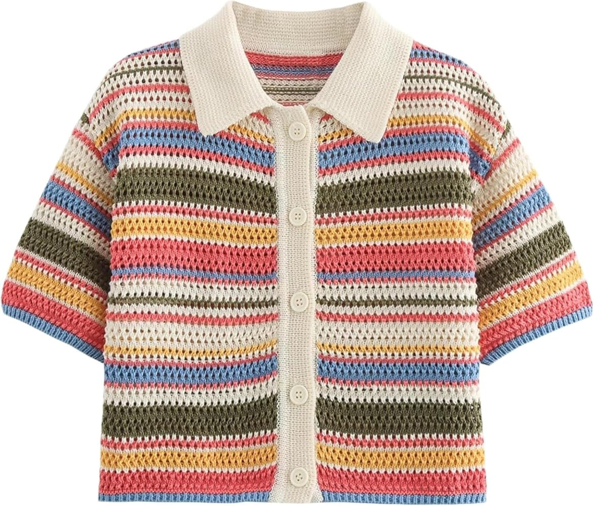 Womens Cropped Short Sleeve Polo Sweater Striped Button Up Collar Knit Tops Crochet T Shirt | Amazon (US)