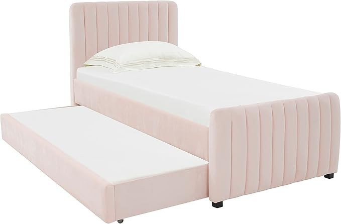 First of a Kind Upcycled Linen Twin Bed Frame in Blush - Glam Design with Channel Tufting and Gol... | Amazon (US)