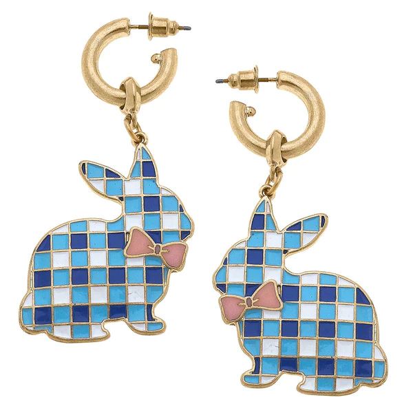 Stella Enamel Gingham Bunny Earrings in Blue & White | CANVAS