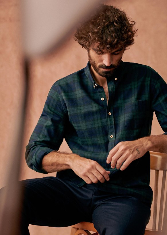 Flannel Charlie Shirt - Navy / Green Checks - Cotton - Sézane | Sezane Paris