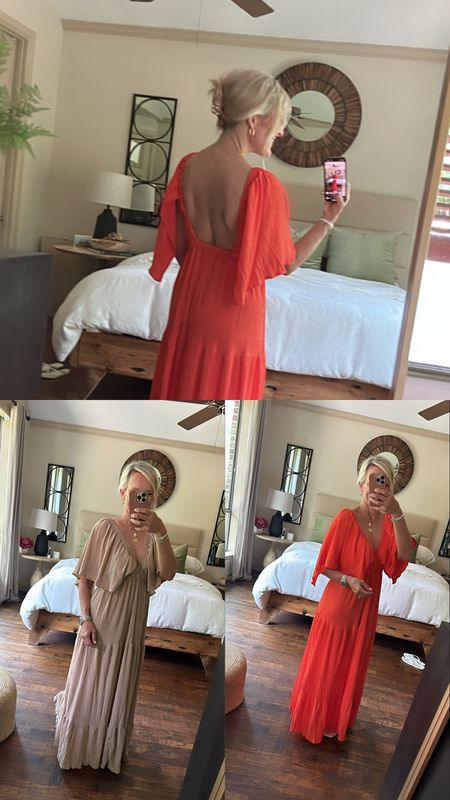 Love this vacation dress. Wearing small. Have in neutral and bright orange. Love both. 
I am not having any trouble keeping sleeves up in shoulders and it’s not gaping open at all. This one is a win! 

#LTKStyleTip #LTKOver40 #LTKTravel