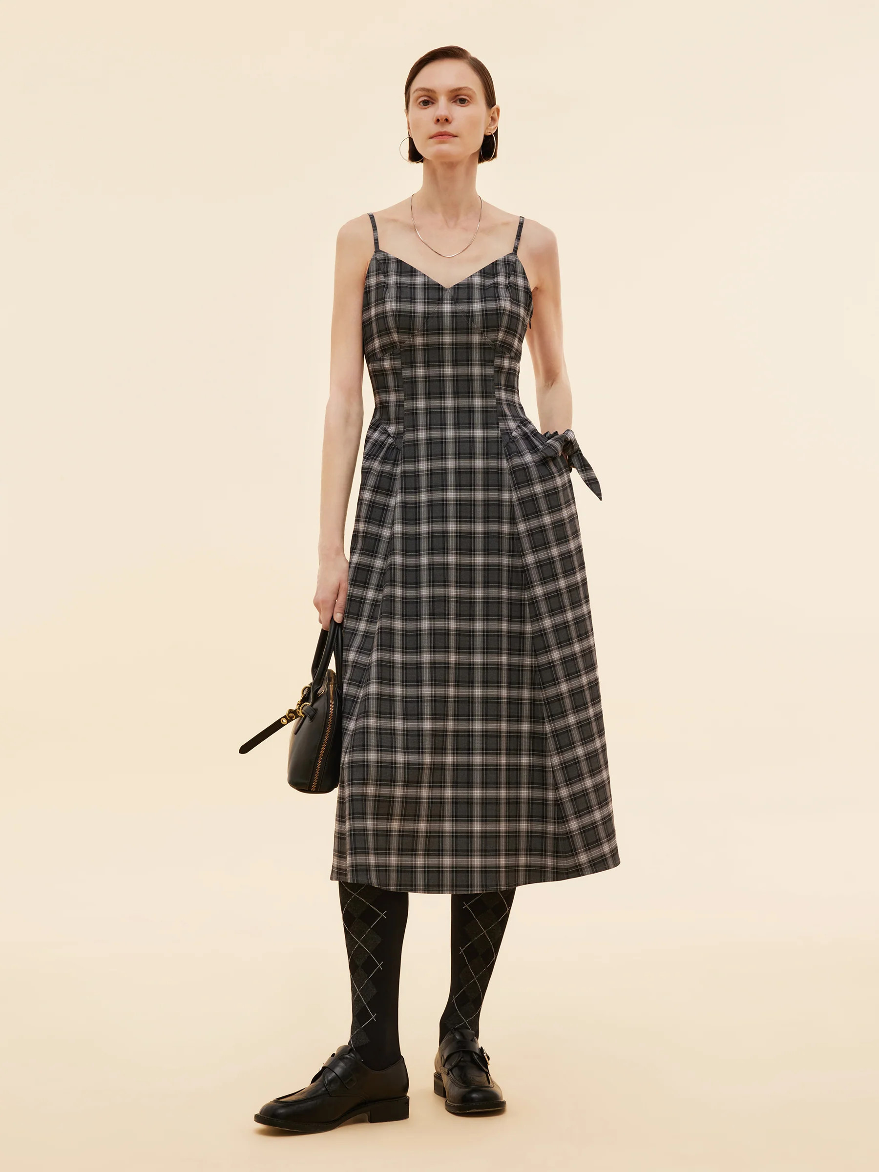 Black And Grey Plaid Women Strap Midi Dress - Black and Grey Check / S | GOELIA