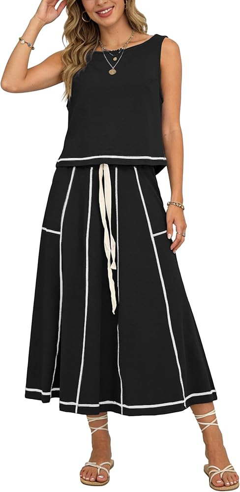 Women’s 2 Piece Cotton Skirt Set Sleeveless Draped Tank Top Drawstring Midi Skirt Y2K Lounge Ou... | Amazon (US)