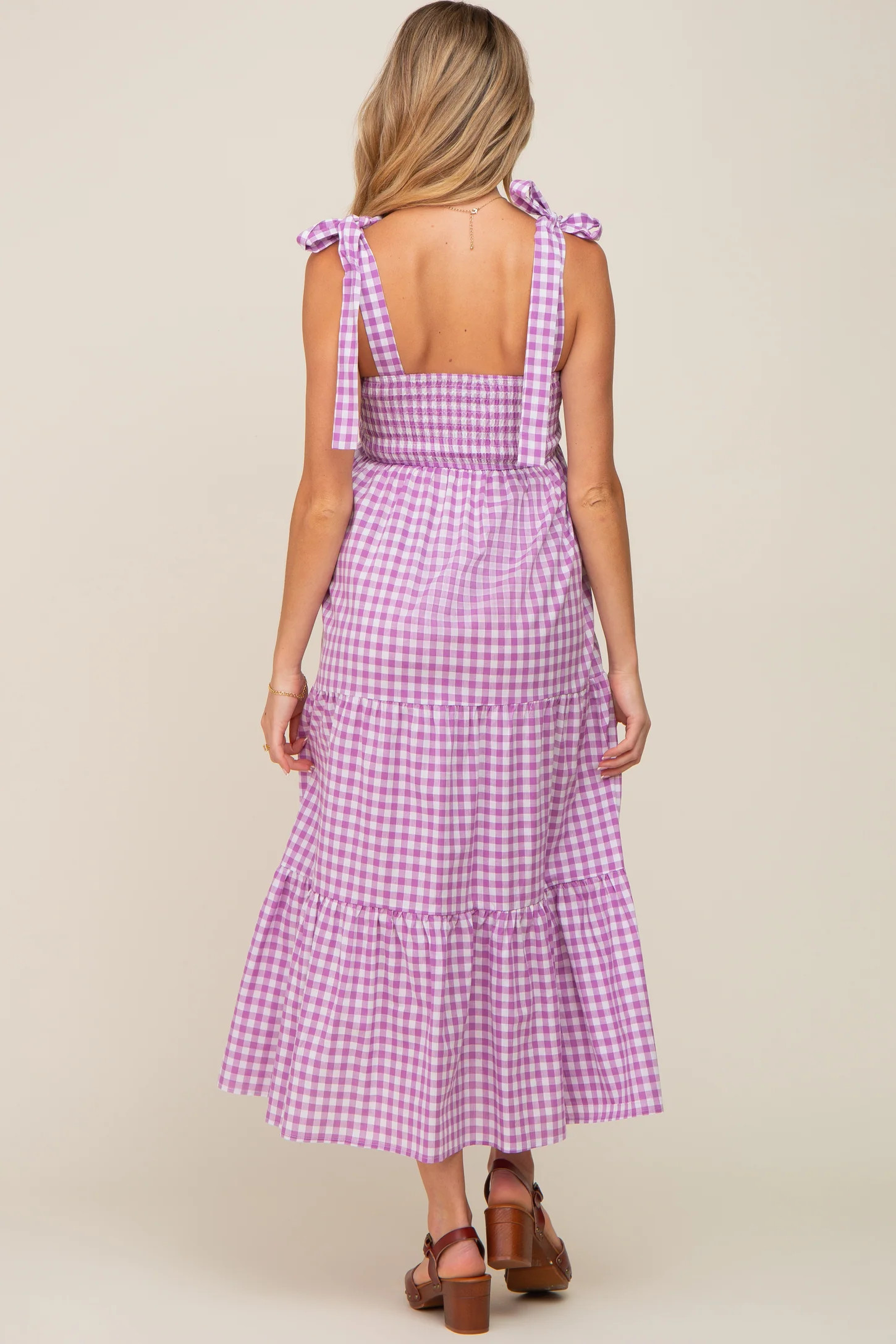 Lavender Checkered Sleeveless Tiered Maternity Maxi Dress | PinkBlush Maternity