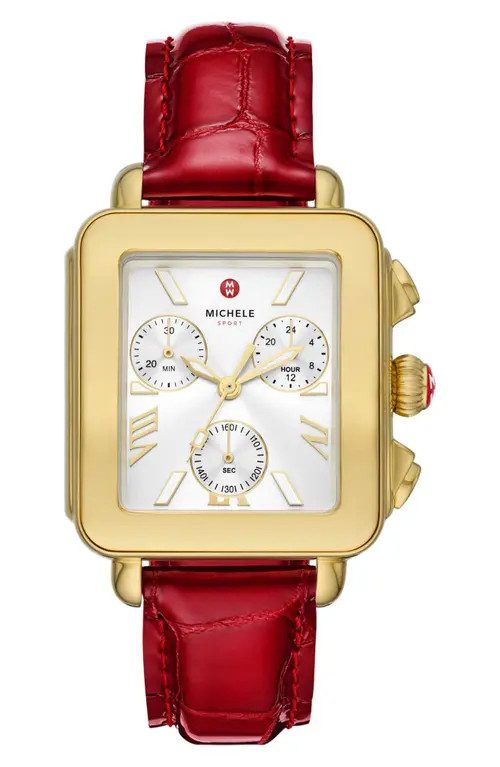 MICHELE Deco Sport Chronograph Leather Strap Watch, 34mm x 36mm in Red /Gold at Nordstrom | Nordstrom
