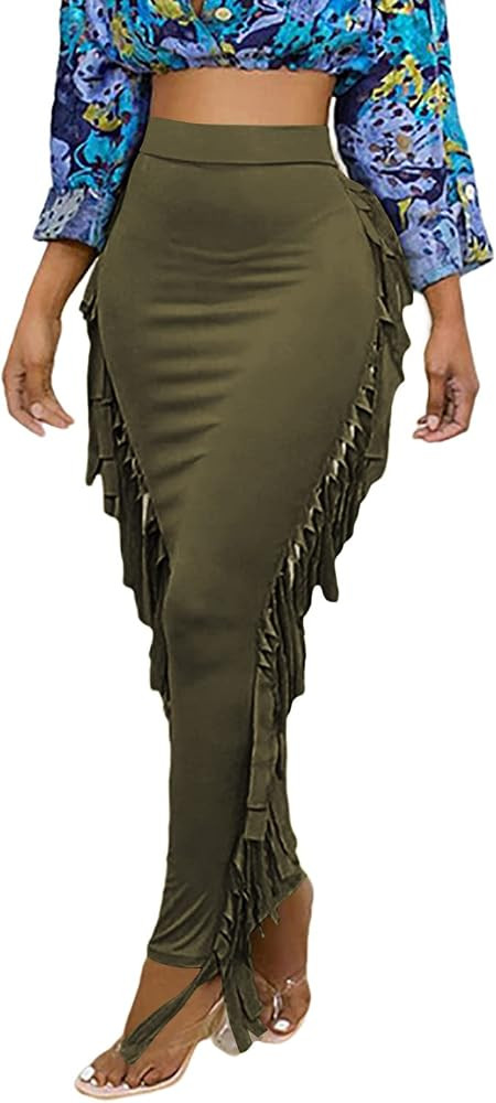 LYANER Women's Fringed Side Tassels Elastic Waist Slim Bodycon Pencil Maxi Skirts | Amazon (US)