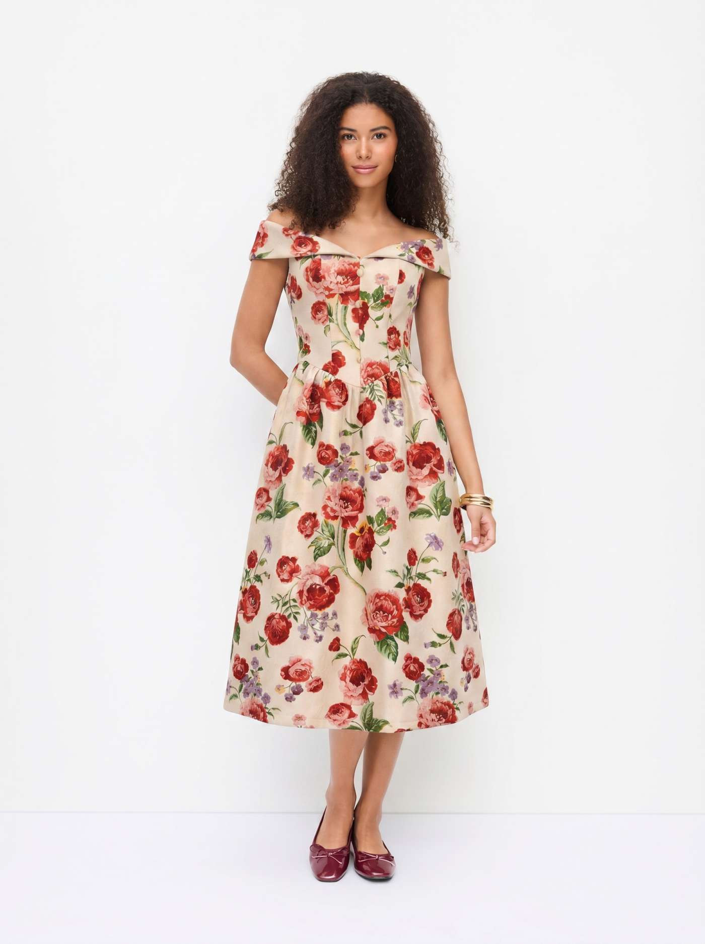 Jacquard Jacquard Floral Sweetheart Off-shoulder Flared Midi Dress For Date Wedding | Cider