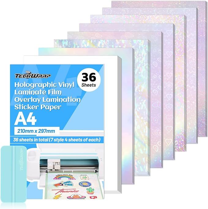 TECKWRAP Holographic Sticker Paper Clear Overlay Lamination Vinyl Matte White Inkjet Printable Vi... | Amazon (US)