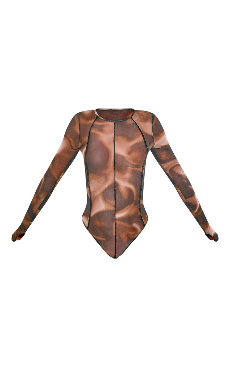 Brown Printed Mesh Contrast Seam Long Sleeve Bodysuit | PrettyLittleThing UK