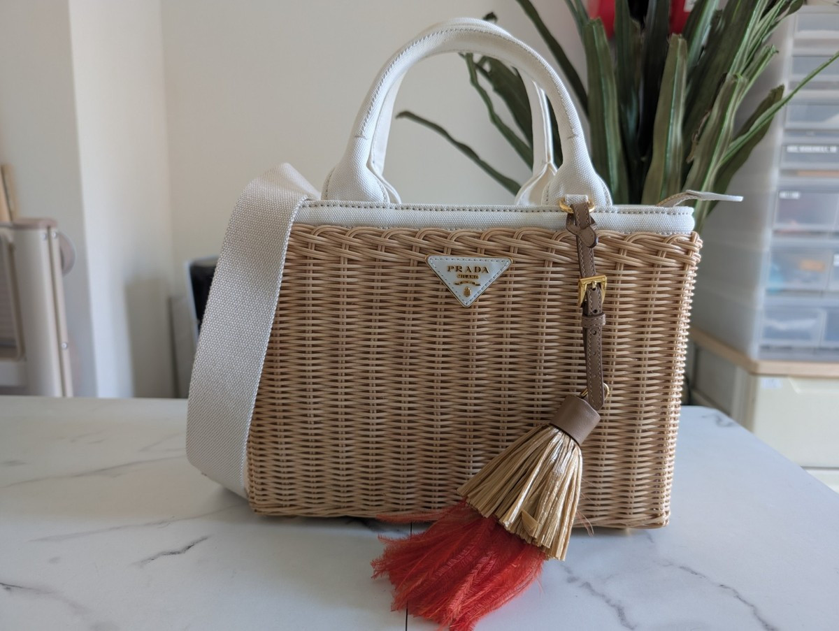 Prada Triangle Logo Wicker Canapa 2Way Basket Bag Auth 250721 | eBay US