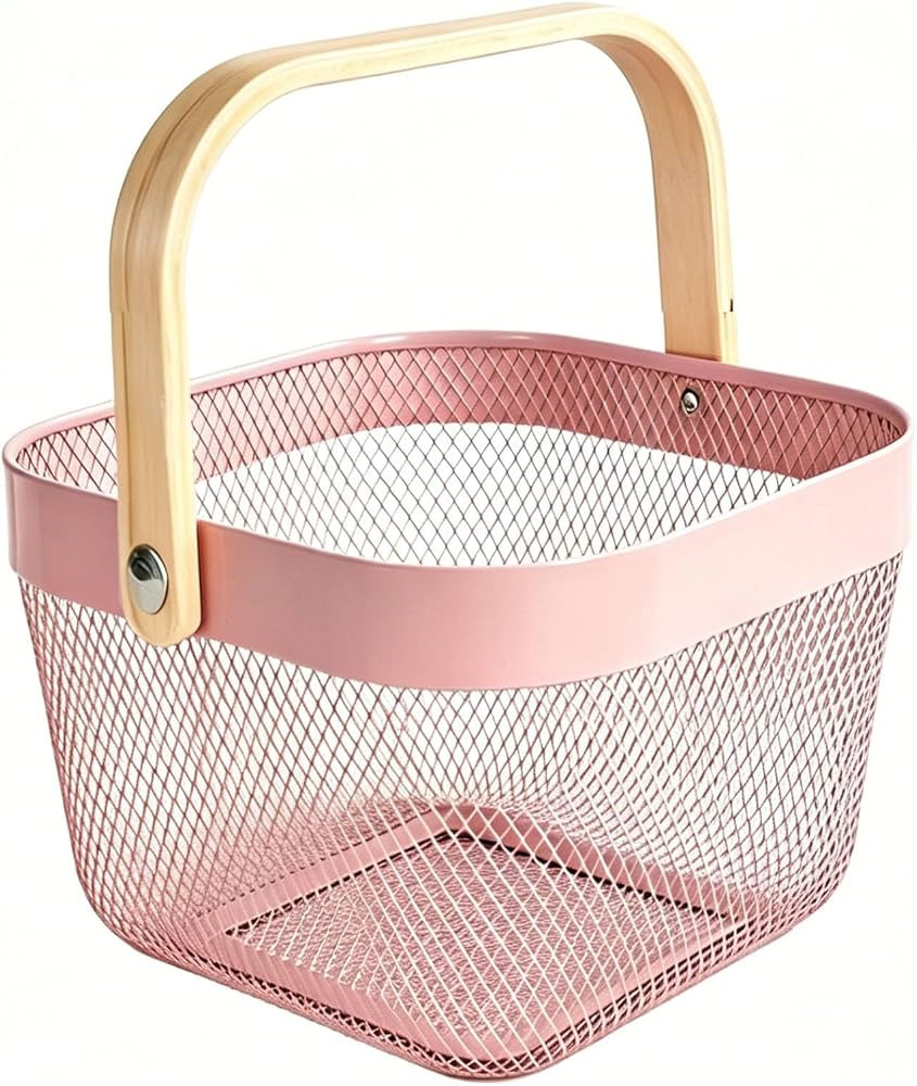 AJIODA Metal Mesh Wire Basket, Small Steel Basket with Wooden Handle Storage Organizer Basket Mul... | Amazon (US)