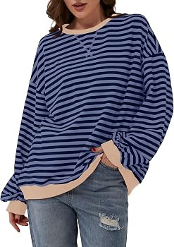 Women Oversized Striped Color Block Long Sleeve Crew Neck Sweatshirt Casual Loose Pullover Y2K Sh... | Amazon (US)