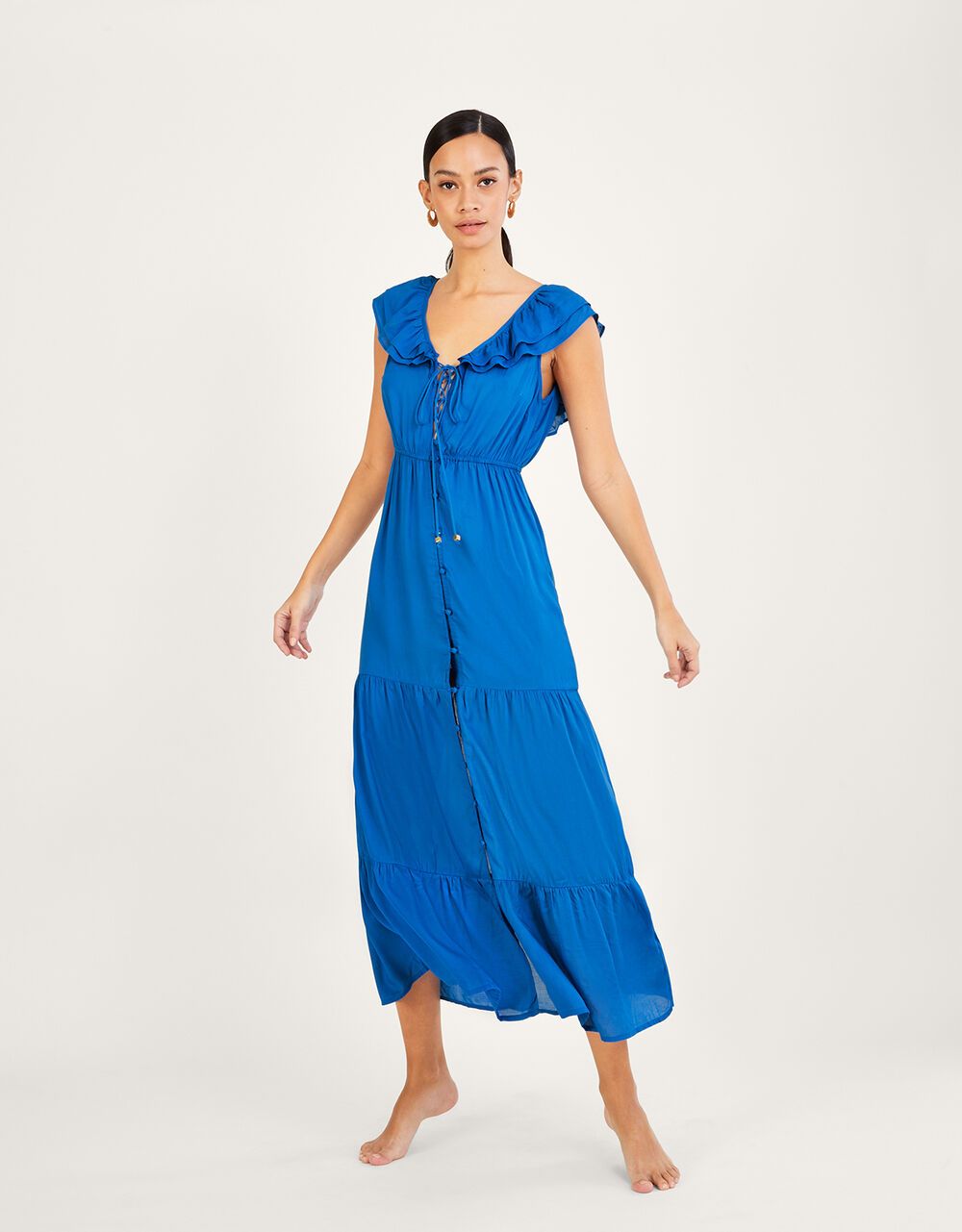 Frill Collar Plain Midi Dress in LENZING™ ECOVERO™ Blue | Monsoon (UK)