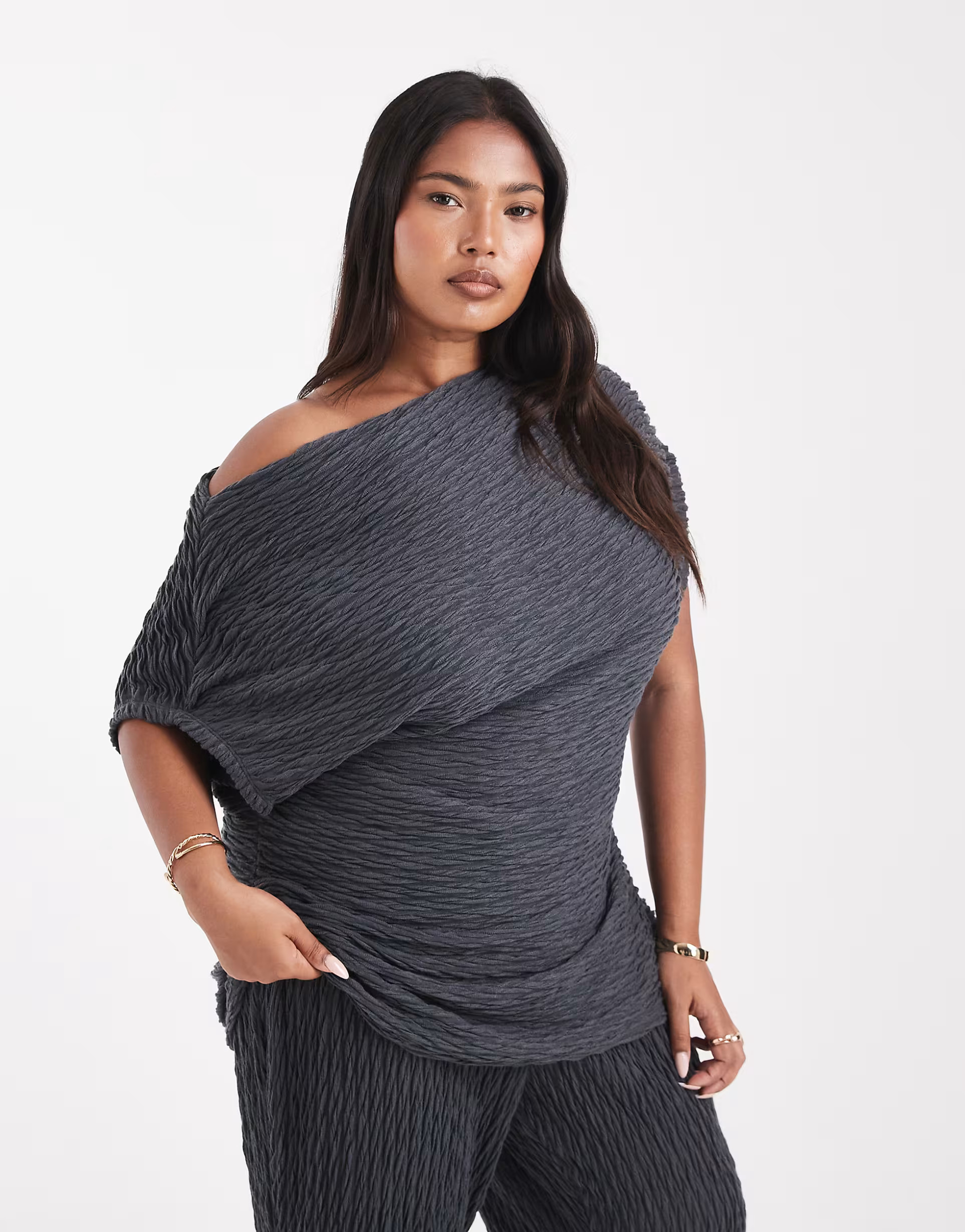 Vero Moda Curve textured jersey off shoulder drapey top in asphalt gray - part of a set | ASOS | ASOS (Global)