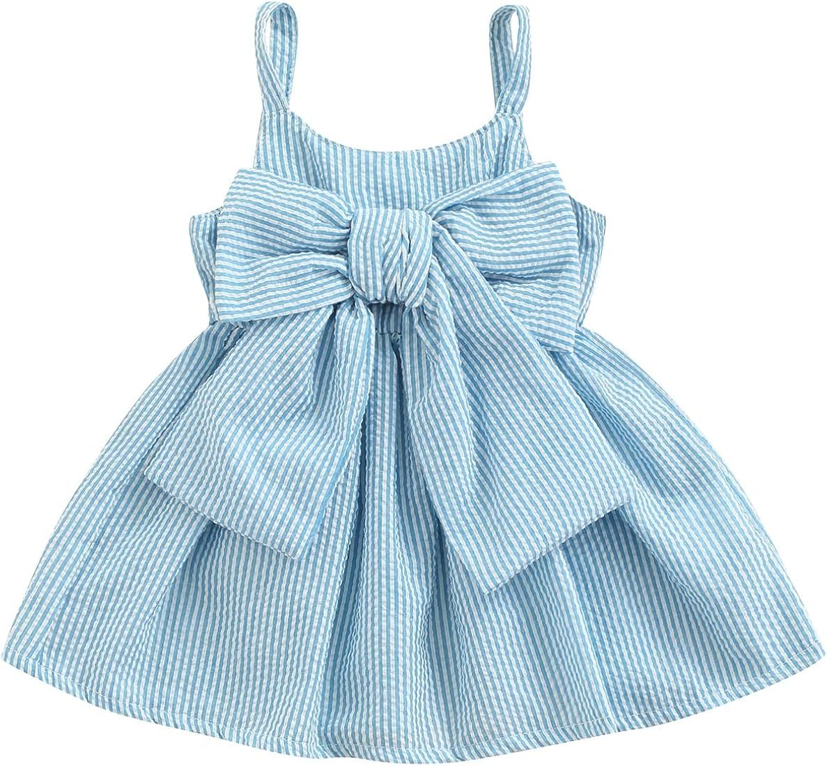 Toddler Baby Girls Sleeveless Dress Front Bowknot Stripe Sling Summer Jumpsuit Princess Casual Ro... | Amazon (US)