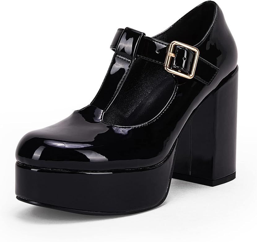 Coutgo Women's T-Strap Round Toe Platform Heels Chunky Heel Patent Mary Jane Dress Shoes | Amazon (US)