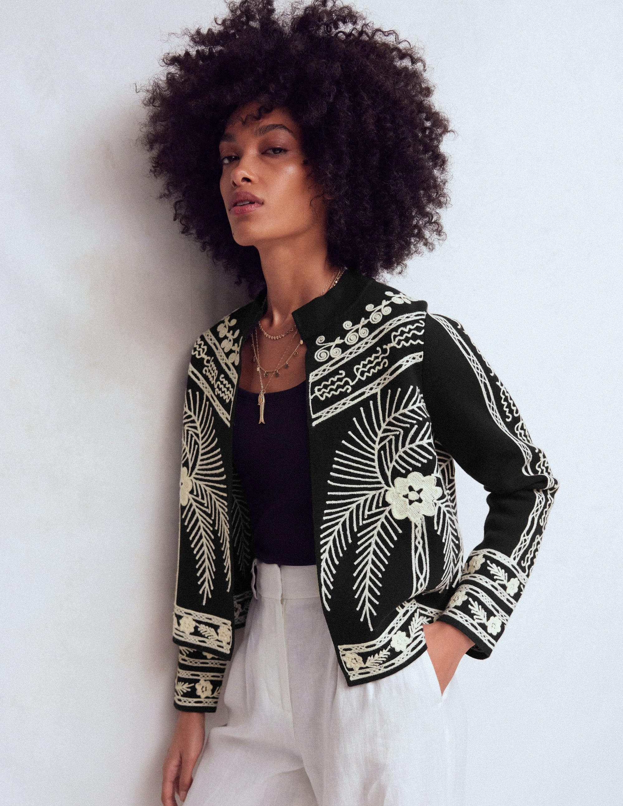 Elena Stand Neck Jacket-Black Embroidery | Boden UK