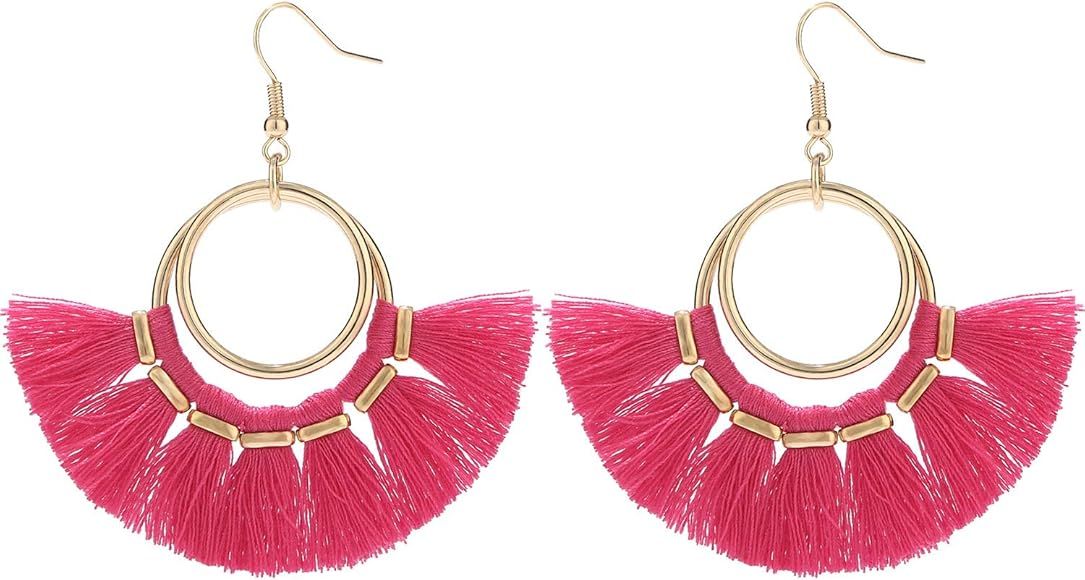 Tassel Hoop Earrings Fringe Drop Gold Tone Circle Tiered Earrings for Women Girls | Amazon (US)