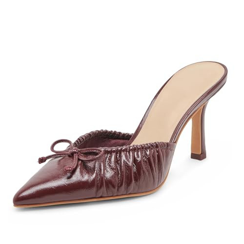 XBKXMK Burgundy Kitten Heels for Women Bow Pointed Toe Heel Dressy Slip on Mules Trendy Sexy Stiletto Pumps Shoes | Amazon (US)