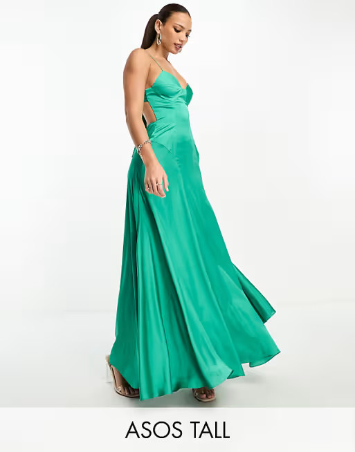 ASOS DESIGN Tall strappy back satin maxi skater dress in emerald green | ASOS (Global)