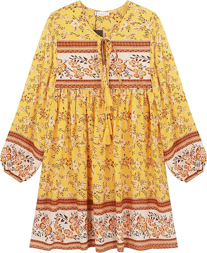 R.Vivimos Womens Long Sleeve Floral Casual Print Cotton Mini Tunic Dress | Amazon (US)