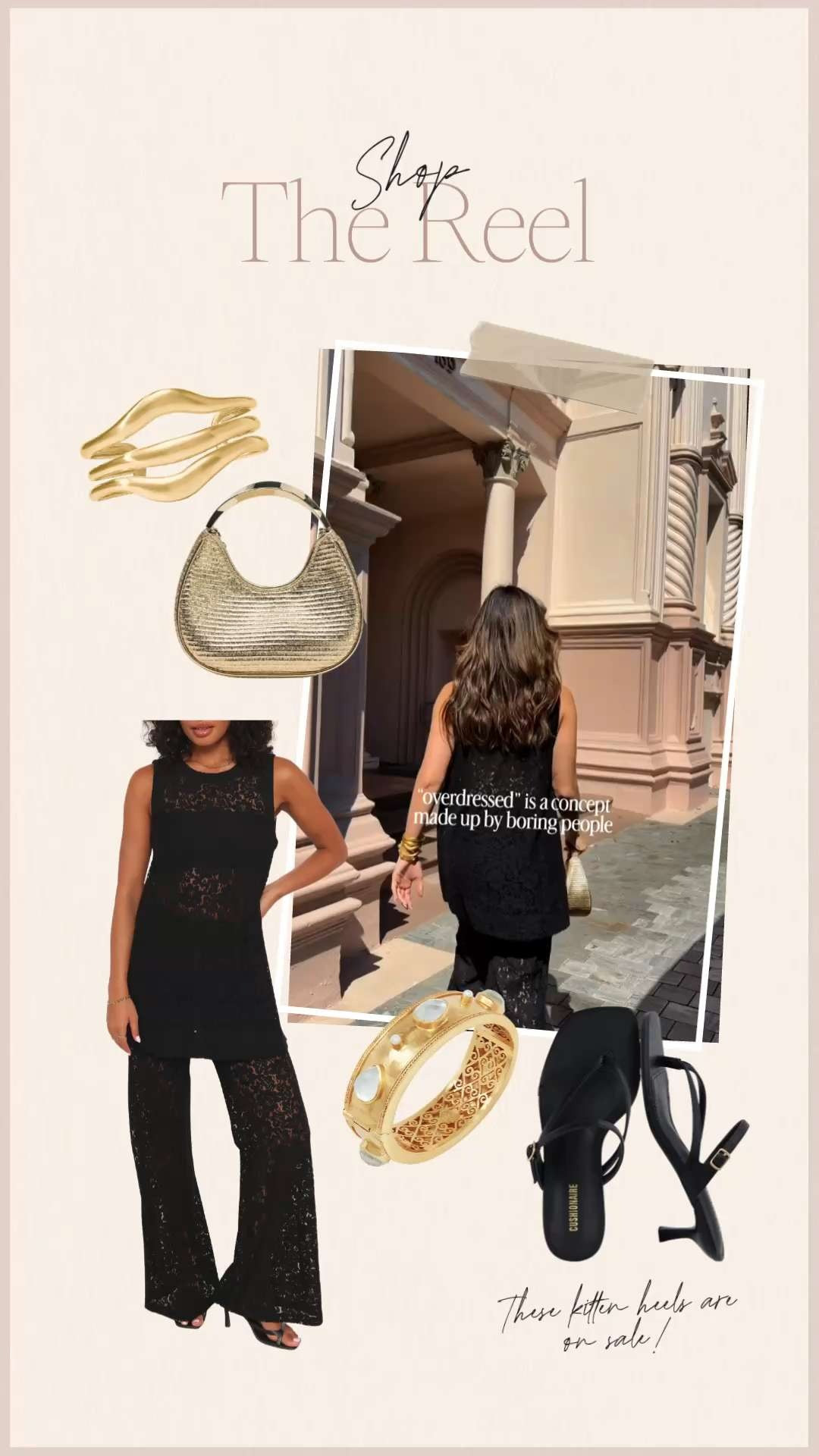 Obsessed with this look 🖤✨ effortless, elevated, and perfect for anything from dinner to a night out!! This black lace set pairs perfectly with gold accessories for that chic, put-together vibe. The woven bag adds texture and these kitten heels are on sale and SO good!  

 #LTKgrwm #LTKootd #LTKPetite