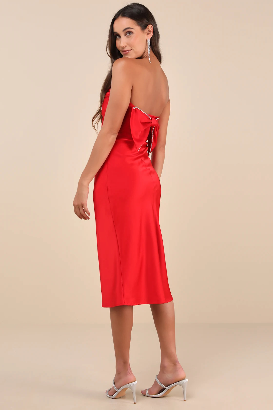 Luxe Crush Red Satin Rhinestone Bow Strapless Midi Dress | Lulus