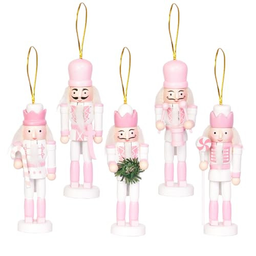Nutcracker Christmas Decor -5Inch Pink Christmas Decorations Mini Wooden Nutcracker Ornaments Figurines Gifts Hanging Christmas Ornaments for Trees 5Pcs | Amazon (US)