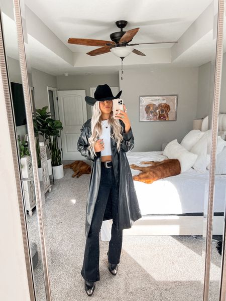 western outfit inspo! size 25 in black jeans, small in baby tee, size UP in booties, hat is prohats (code KIRAPH ) but linked similar! size small in black trench coat 
linked another belt option and a similar hat option! 

#LTKshoecrush #LTKSeasonal #LTKHoliday