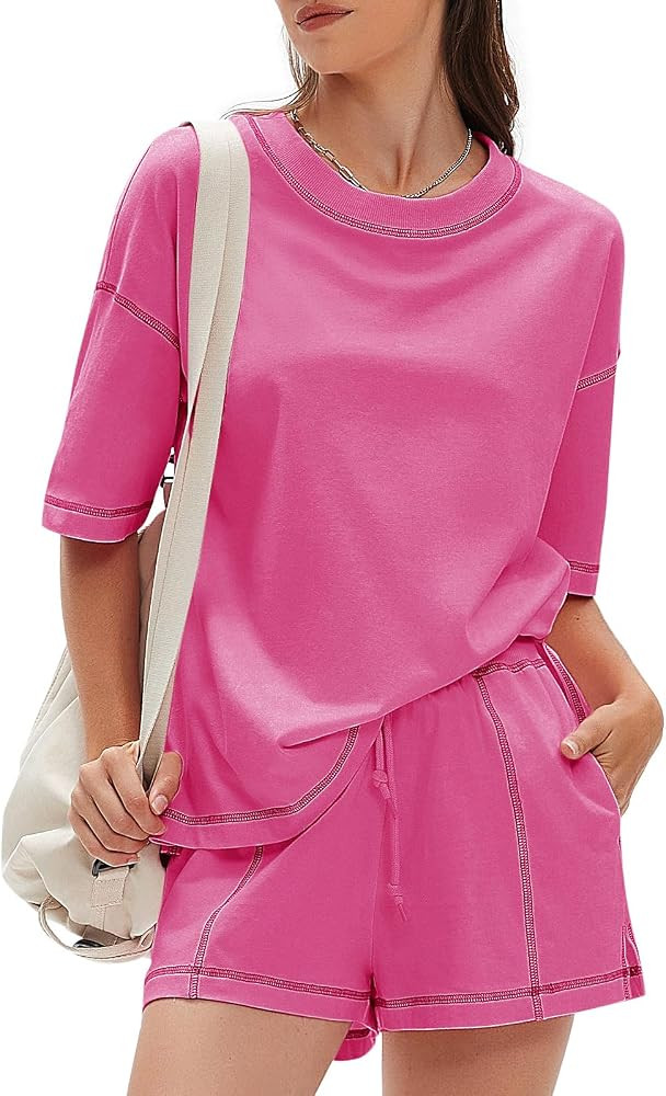 EXLURA Women's Casual Summer 2 Piece Sets 100% Cotton Short Sleeve Tshirt and Shorts Matching Swe... | Amazon (US)