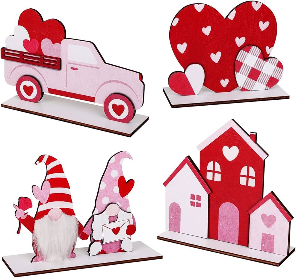 Valentines Day Decor Table Decorations Sign, 4 Pcs Valentines Day Truck Gnomes Heart House Wooden... | Amazon (US)