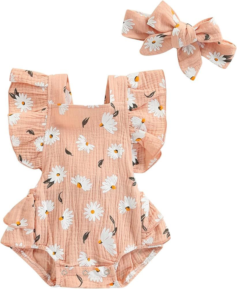 Newborn Baby Girls Floral Romper Bodysuit Sleeveless Ruffle Short Jumpsuit One Piece Summer Outfi... | Amazon (US)