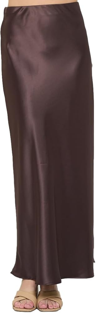 Women Solid High Waist Silky Casual Elastic Satin Long Skirt Ankle Length | Amazon (US)