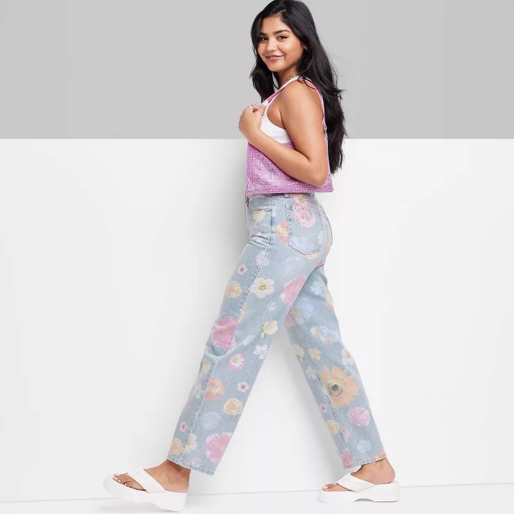 Women's High-Rise Relaxed Straight Fit Jeans - Wild Fable™ Medium Wash Floral | Target