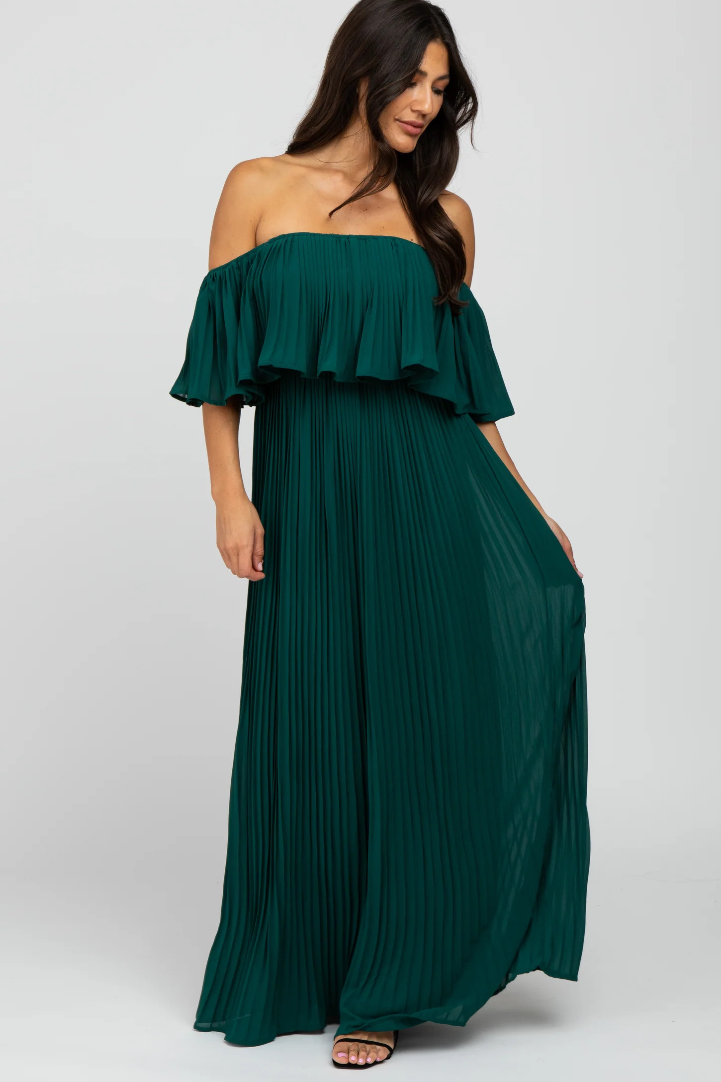 Forest Green Chiffon Pleated Off Shoulder Maxi Dress | PinkBlush Maternity