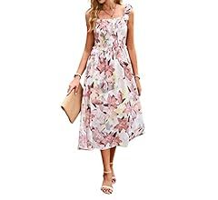 PRETTYGARDEN Women Summer Dresses 2023 Tie Strap Square Neck Smocked Ruffle Flowy Floral Print Bo... | Amazon (US)