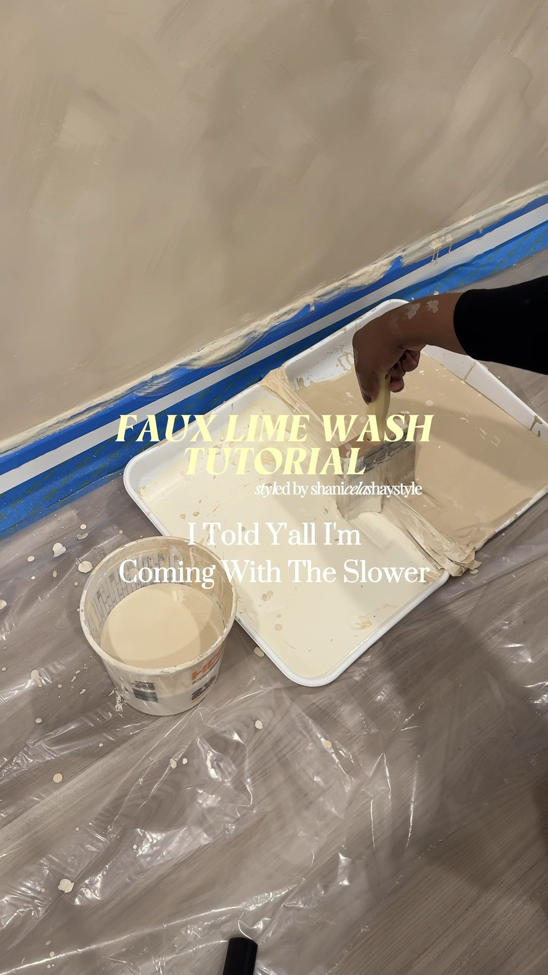 Faux lime wash tutorial and items shared below!🙌🏾🤎 water, dip in the middle , X shape—repeat. Dipping the water after the paint works as well. I went back and forth between the two. 
✨1 Gallon of Behr premium plus in matte/flat finish. Colors ivory lace & Basswood used in video and shared below. 
#paint #home #diy #livingroommakeover #tutorial #limewash 

#LTKHome #LTKFindsUnder100