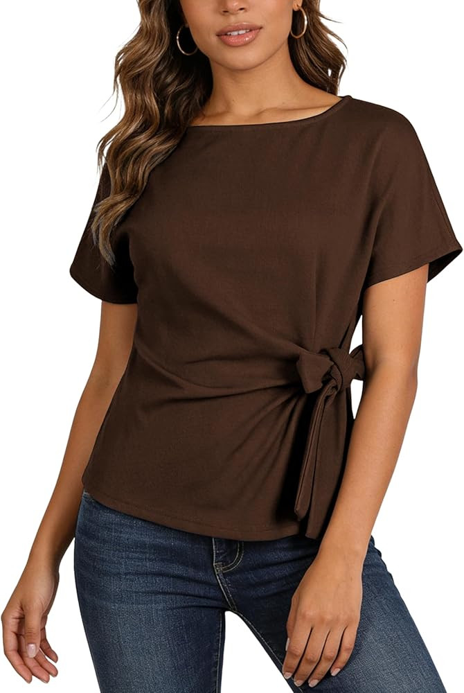 Yeokou Womens Wrap Sweater Casual Elegant Short Sleeve Round Neck Tie Waist Pullover Spring Summe... | Amazon (US)